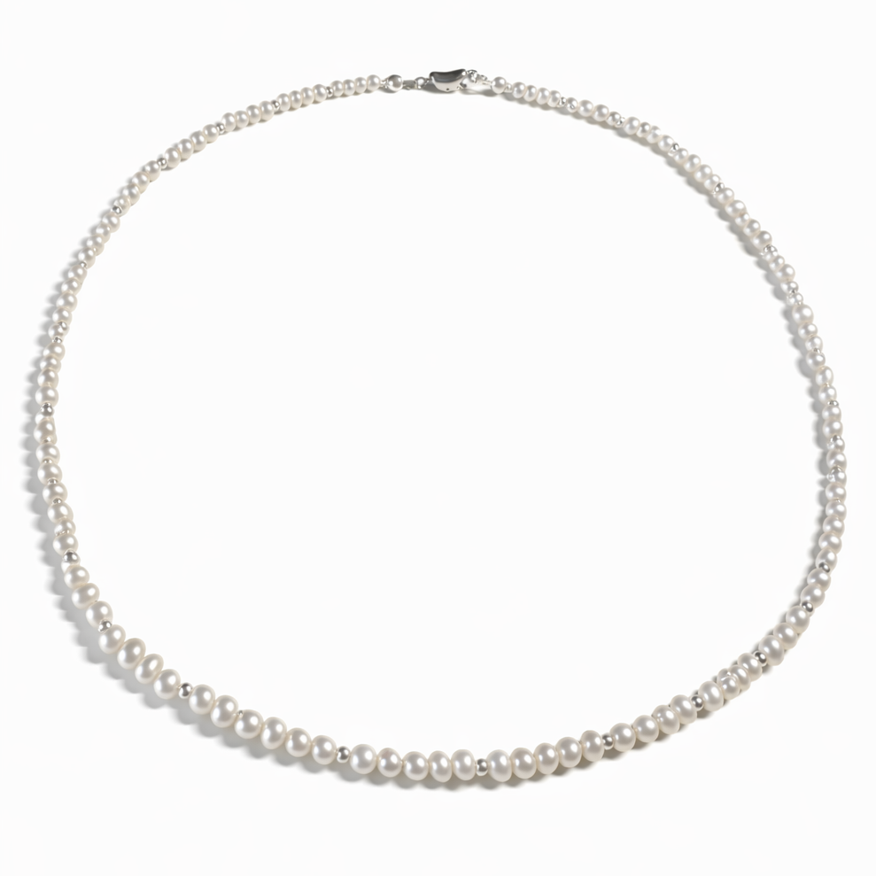 White Pearl and Silver Bead Necklace