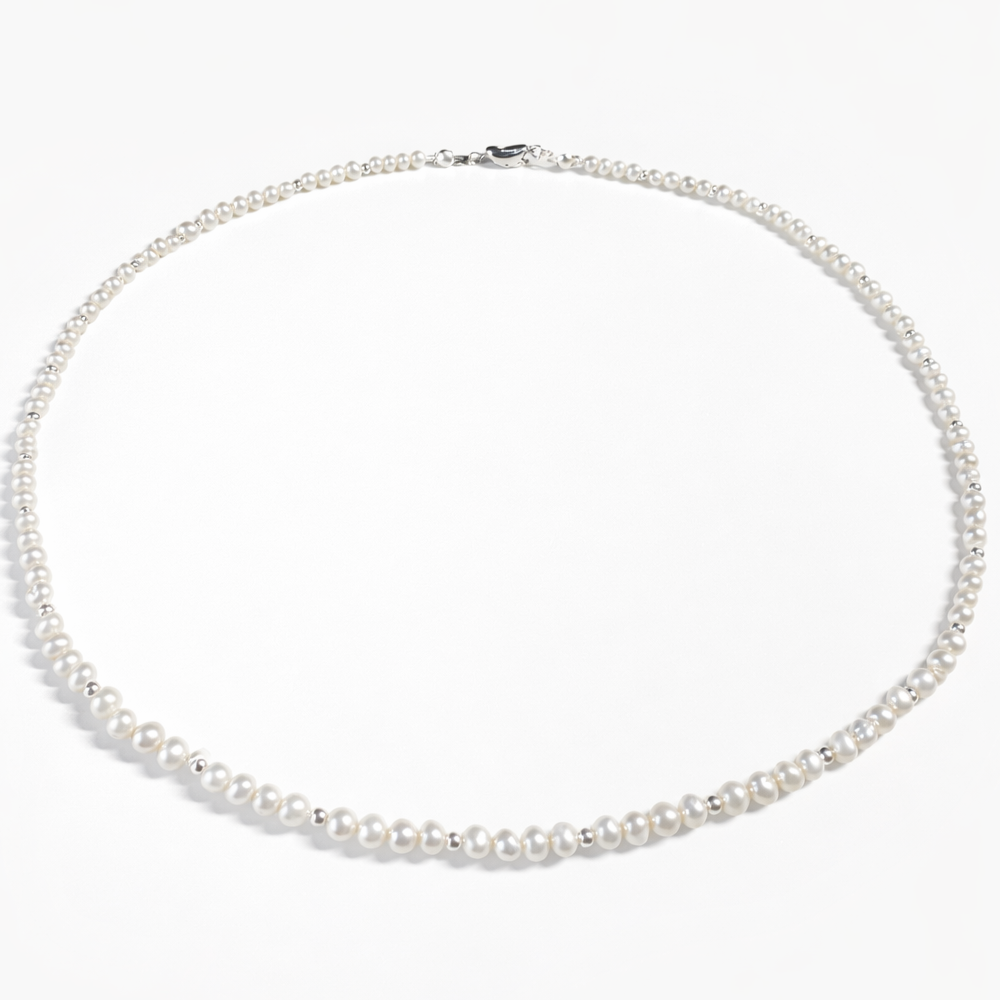 White Pearl and Silver Bead Necklace